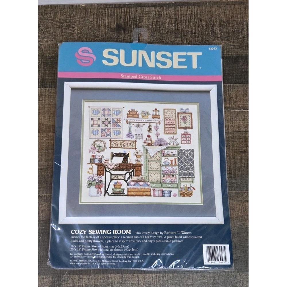 Sunset Cozy Sewing Room 16x14 Stamped Cross Stitch Kit 13043 Barbara Waters 1991
